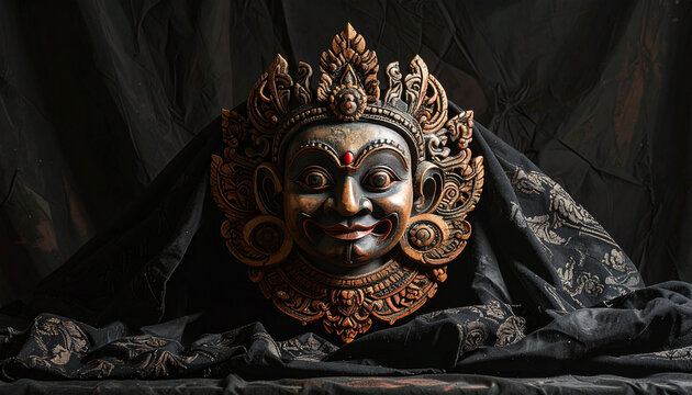 Ornate traditional mask displayed against dark fabric background