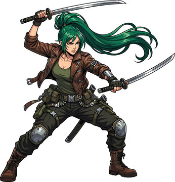 Anime female warrior character with green hair dual wielding katana swords in a combat stance isolated vector illustration