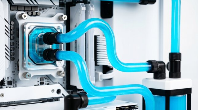 Close up shot of high performance liquid cooled custom PC build with neon blue coolant flowing through transparent tubes inside white computer case gaming computer hardware interior componen