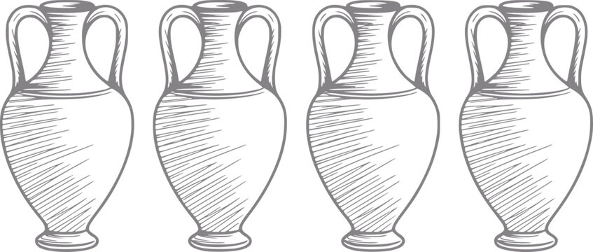 一列に並んだ4つの手描きの古代ギリシャのアンフォラ