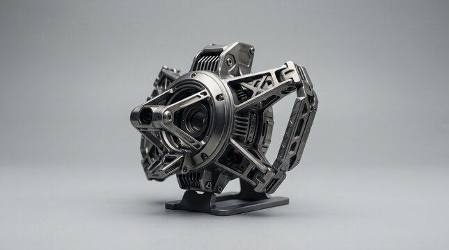 Futuristic mechanical device with complex structural design made of metallic alloy isolated on gray background high tech industrial engineering prototype concept