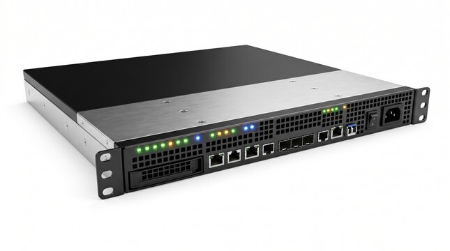 Professional 1U rack mount network server appliance with ethernet ports and LED indicators isolated on white background high tech hardware equipment for data center and telecommunications in
