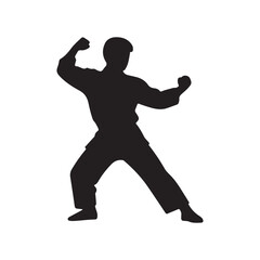 Fototapeta premium Silhouette of a martial artist in a defensive stance with a raised fist and extended leg in black on white