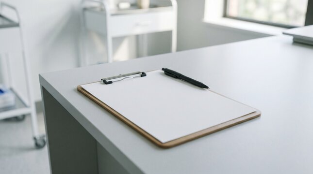 Blank clipboard with a pen on a clean medical desk in a bright clinical office setting high angle view with soft natural daylight perfect for mockup and professional healthcare documentation