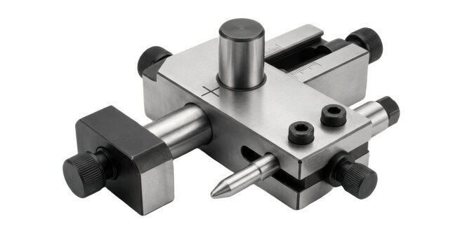 Sturdy precision metal machining fixture with adjustable slides, clamping screws, and locating pin, ideal for accurate positioning, workholding, and industrial setups

