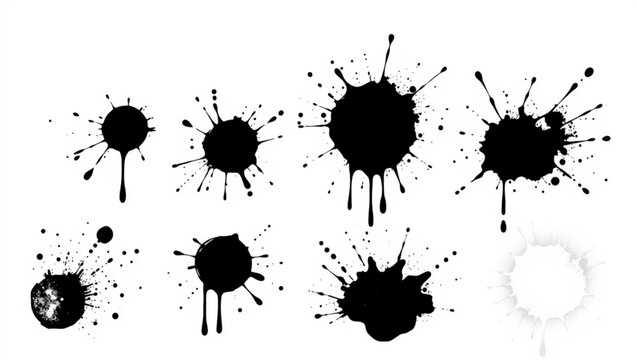 Eight dynamic black ink splashes on white background with varying patterns like radial, dripping, and irregular shapes,