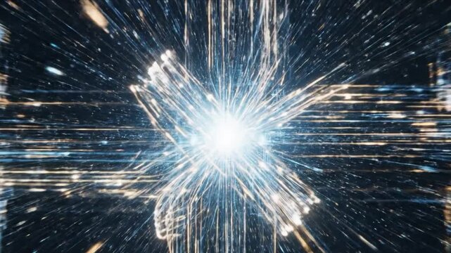 Abstract digital grid with glowing lines and circuits converging towards a bright central point