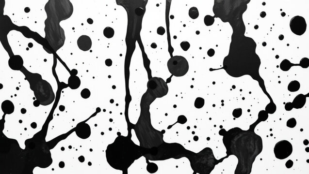 Black ink freely splashed and flowing on white background, forming abstract patterns with dynamic and artistic effect fr