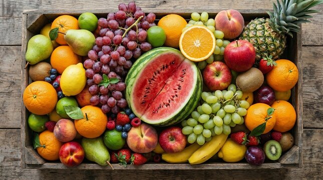 Fresh fruit assortment in wooden crate on rustic table