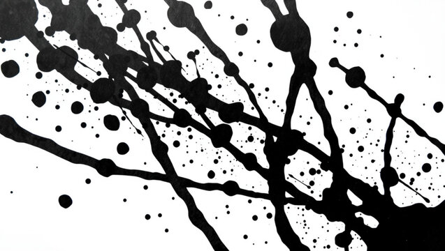 Black abstract ink splashes and flowing irregular lines with scattered dots on white background create dynamic rhythm re