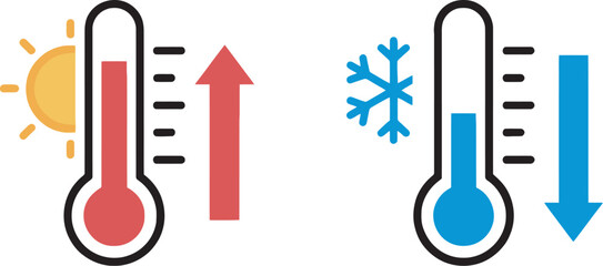 Thermometer temperature up and down icon set featuring hot and cold indicators, rising and falling temperature symbols for weather, climate, healthcare and monitoring applications. ©  