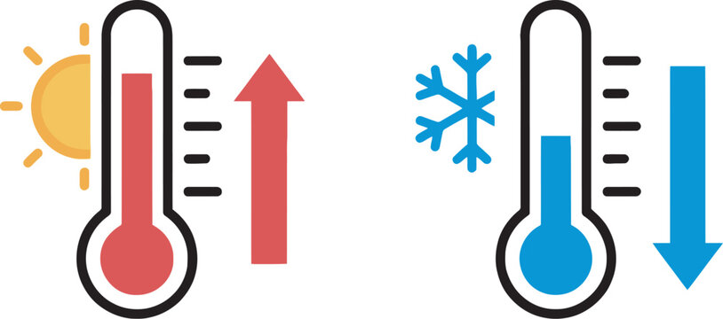 Thermometer temperature up and down icon set featuring hot and cold indicators, rising and falling temperature symbols for weather, climate, healthcare and monitoring applications.
