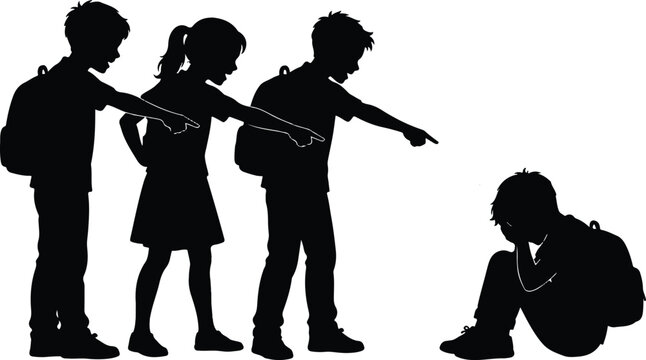 School Bullying and Social Exclusion Silhouette Illustration of Children Mocking Sad Student