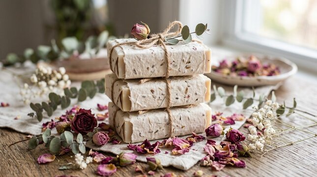 Handmade Soap Bars Packaging Mockup with Dried Roses and Eucalyptus