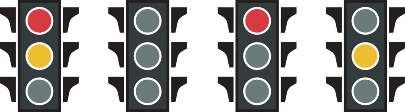 Traffic light icon set featuring red, yellow and green signals in multiple variations, simple flat stoplight symbols for transportation, road safety, driving and traffic control designs.