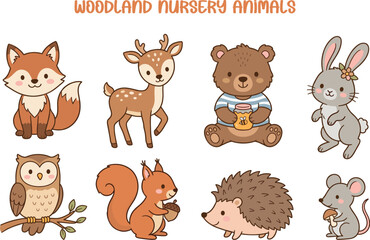Fototapeta premium Woodland Nursery Animals Vector Collection Cute Forest Animal Bundle with Fox Bear Deer Raccoon Hedgehog Rabbit Clipart