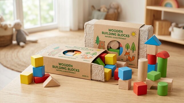 Mockup of wooden toy building blocks packaging boxes on a wooden table in a bright children room