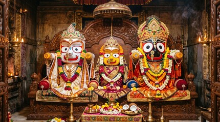 Obraz premium The sacred deities of Lord Jagannath, Balabhadra, and Subhadra beautifully adorned in garments and jewelry inside a temple shrine