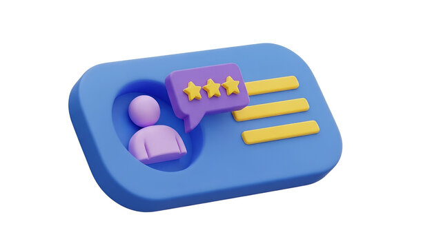 Three dimensional icon showing a user profile with a purple speech bubble containing three yellow stars for customer feedback ratings