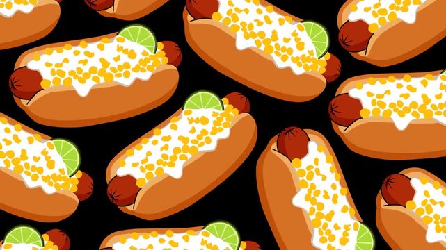 Seamless pattern featuring Mexican style hot dogs topped with creamy sauce, corn kernels, and lime slices on a dark background. Perfect for National Hot Dog Day, food promotions