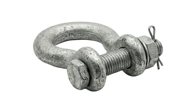 Galvanized eye bolt with threaded shank, hex nuts, washer and cotter pin, heavy duty rigging hardware for secure lifting and fastening jobs daily

