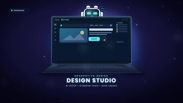 AI robot using generative design studio software with creative UI tools on laptop