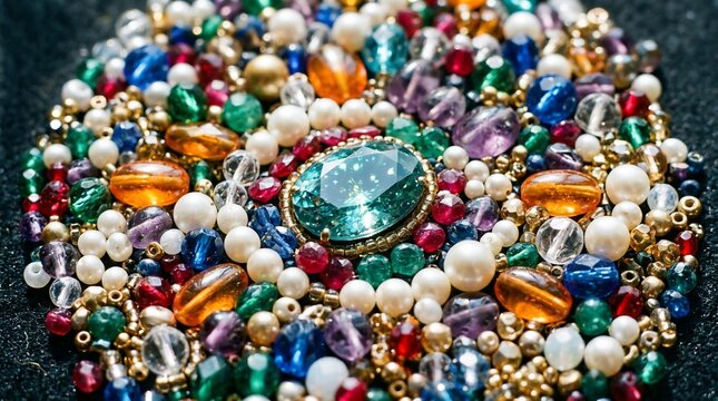 Vibrant Beaded Jewelry Close-up with Shimmering Gems and Pearls
