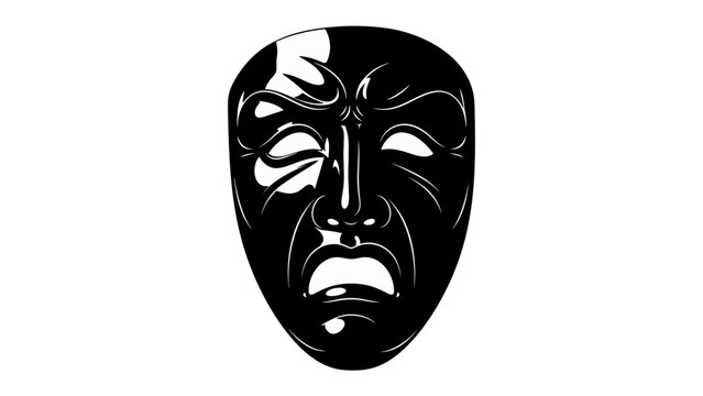 Tragedy Mask Illustration: A stark black and white illustration of a classical tragedy mask, conveying intense sorrow and dramatic emotion.