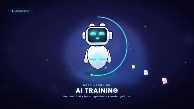 Deep learning AI training concept with robot processing documents into knowledge base