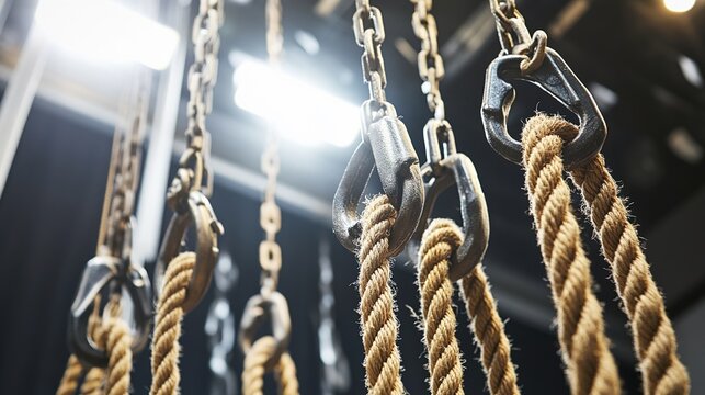 carabiners. Close-up of a theatrical rigging system with ropes and pulleys. safety posters, maintenance manuals, designed for industrial assembly lines and welding operations, used by engineers.