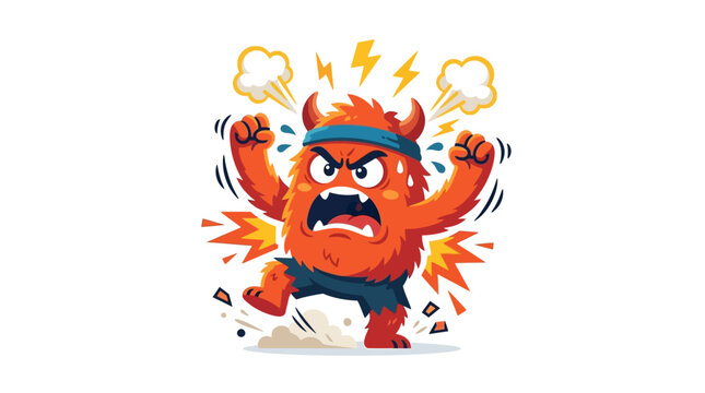 Cartoon illustration of an angry orange monster with devil horns and a headband, appearing to rage with lightning bolts and debris around it on a white background.
