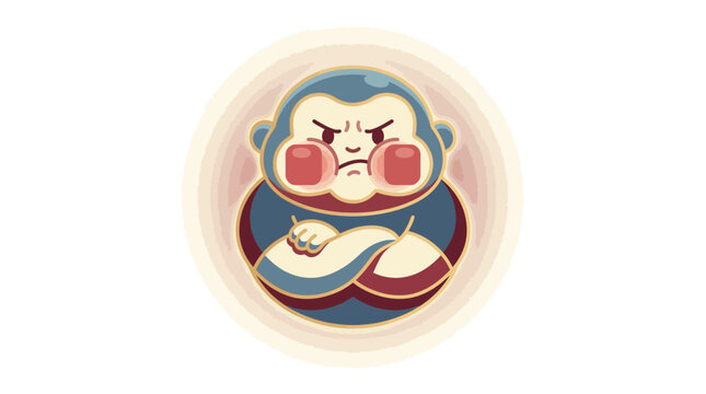 Close-up of a cartoon monkey meditating in a circular frame with a blue and red robe against a beige background.