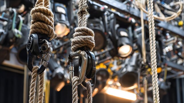 carabiners. Close-up of a theatrical rigging system with ropes and pulleys. safety posters, maintenance manuals, designed for industrial assembly lines and welding operations, used by engineers.