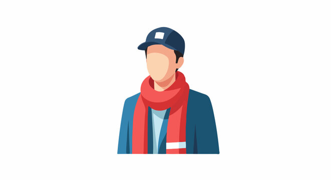 A person wearing a blue jacket and red scarf