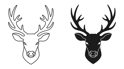 Deer Head Silhouette: A striking visual comparison showcasing a majestic deer's head in both outline and solid silhouette form, emphasizing its regal antlers and noble profile. © Susmita