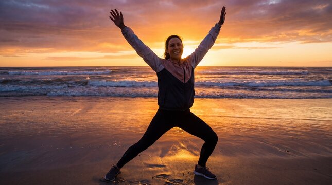 Freedom of movement shines through as a woman stretches in eye-catching beach clothing, radiating positivity and energy.