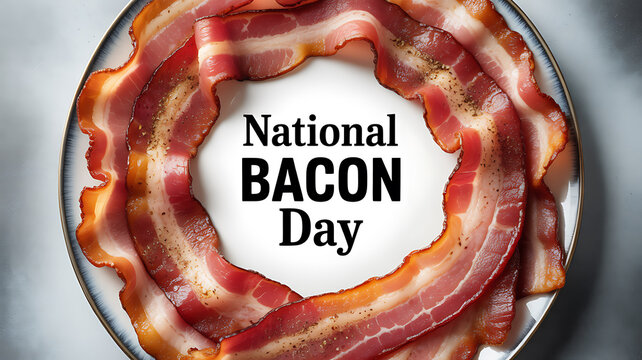 National Bacon Day celebration with bacon arranged in a circular pattern on a plate
