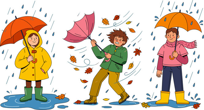 Cartoon illustration of people in raincoats and holding umbrellas during a windy autumn rain storm.