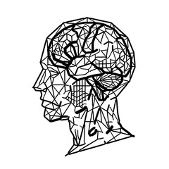 Fototapeta premium Minimalist geometric brain icon constructed from black and white mathematical shapes, symbolizing human intelligence, cognitive architecture, and abstract technology