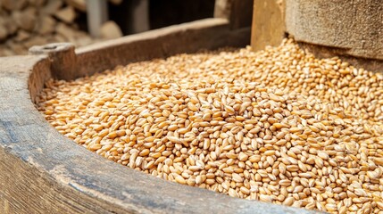 Obraz premium trough. Golden wheat grains spilling from an ancient stone mill into a wooden trough. safety posters, maintenance manuals, designed for precision metalworking and fabrication facilities.