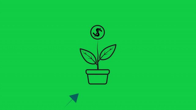 Animated footage of growth investment icon showing tree in pot with coin leaves and blossoms, symbolizing financial growth, savings, and long‑term asset development in green screen background 