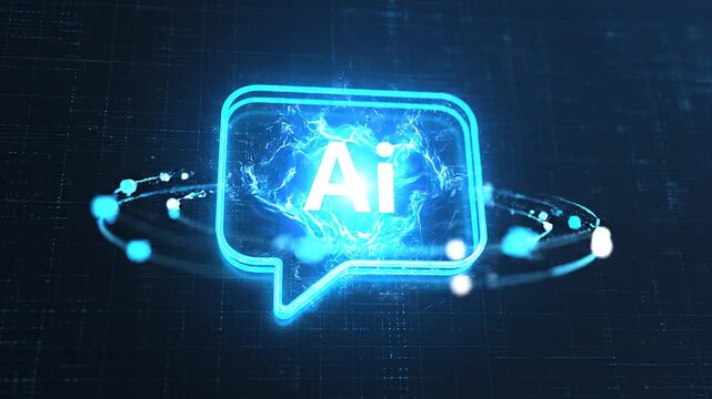 Artificial intelligence glowing blue chat box.
