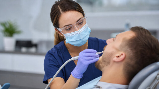 Dental hygienist cleaning patient teeth with scaling instrument in bright modern dental clinic &ndash; oral hygiene, professional dental care, preventive dentistry, commercial stock