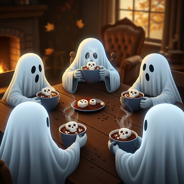Group of white ghosts sitting around wooden table drinking hot chocolate with skull shaped marshmallows in cozy fireplace room home seasonal atmosphere.