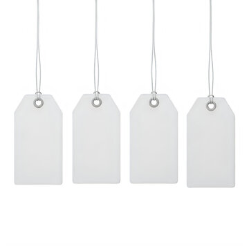 Four empty beige tags hanging on strings