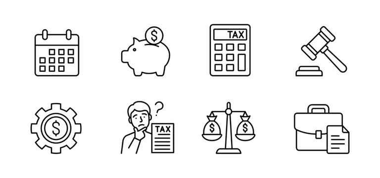 Tax finance accounting calendar piggy bank calculator Line icon set with tax finance accounting calendar piggy bank calculator legal gavel gear balance scale briefcase document symbols for business
