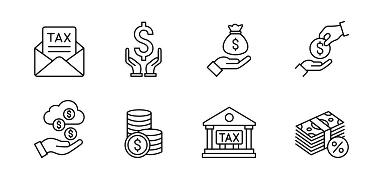 Tax money finance payment bank coin Line icon set showing tax letter money hand cash deposit coin stack bank building with tax sign interest rate savings cloud and financial transaction symbols