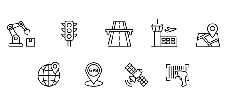 Industrial traffic light road airport map pin gps satellite barcode robotic arm. Minimal line icon set featuring industrial automation traffic signal road airport terminal location marker gps pin