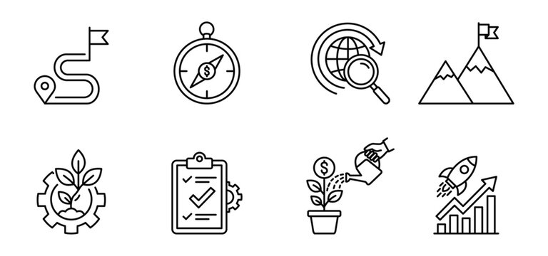 Travel navigation compass globe mountain business icon outline infographic Travel and business outline icon set showing navigation path compass globe search mountain flag eco gear checklist