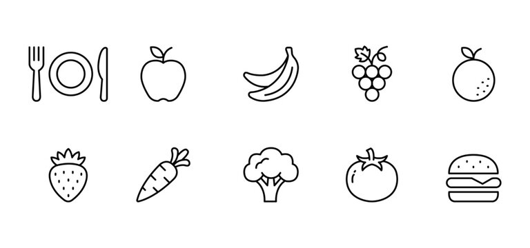 Food icon outline fruit vegetable apple banana grape orange strawberry carrot simple line icon set featuring plate cutlery apple banana grape orange strawberry carrot broccoli tomato hamburger
